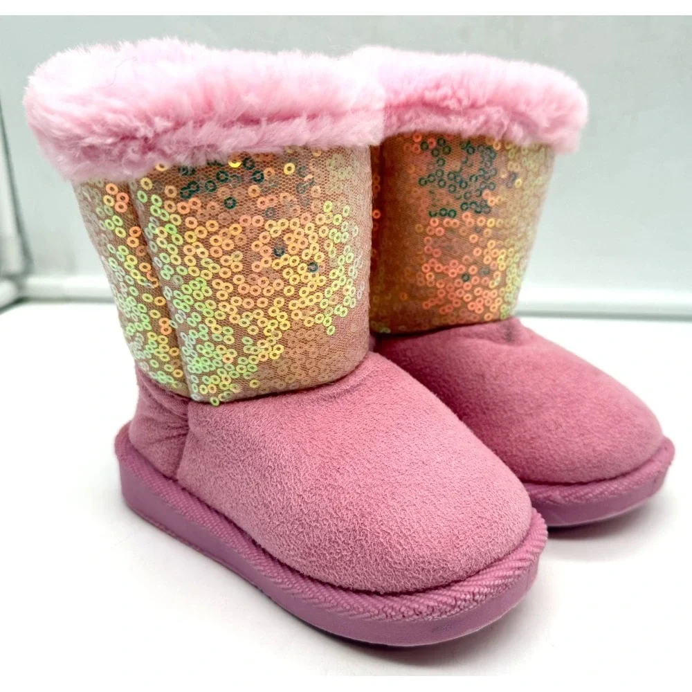 Stepping Stones Pink Sequin Faux Fur Winter Boots Toddler Girls Size 5